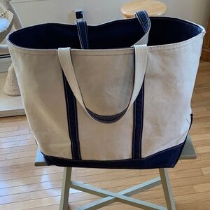 Ll bean Canvas Tote Bag in Cream with Navy Trim